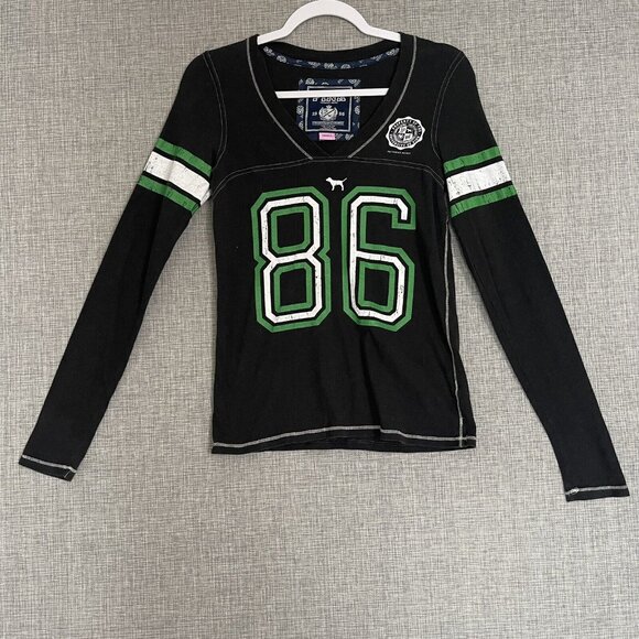 Y2K Victoria's Secret PINK Shirt Womens Small VNeck Long Sleeve Football Black - Picture 1 of 9